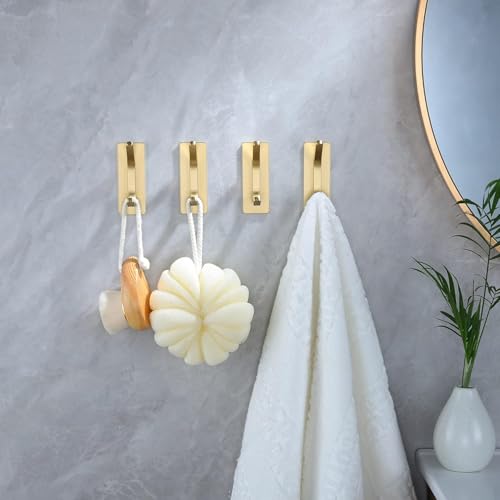 AMROAH 4pcs Stainless Steel Adhesive Hooks Wall Mounted, Heavy Duty Storage Wall Mount Hooks for Hanging Coat Clothes Towels Hat Bags for Home Entryway Bathroom Bedroom Kitchen Living Room (Gold)