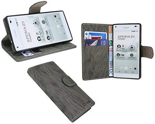 ENERGMiX Elegante Buch-Tasche für das Sony Xperia Z5 Compact E5823 in Anthrazit Leder Optik Wallet Book-Style