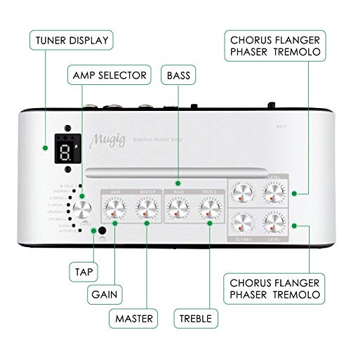 Mugig MA-2 Electric Guitar Amplifier, 10W Amp, 8 Customized Timbre and Effects, Multi-Connection, Built-In Tuner, Dual-Power by AA Batteries or DC12V