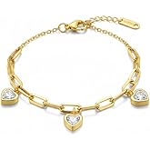 Gold Heart Charm Bracelet for Women – 18K Gold Plated Stainless Steel, Adjustable Dainty Chain with Pearl, Crystal or Matte Heart – Minimalist Jewelry for Her – Elegant Christmas Gift