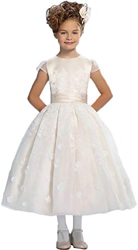 DZdressKids Appliques Pageant Wedding Flower Girl Dresses Tulle with Bow 4 Champagne
