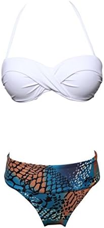 UNIQUE SHOP Womens Ruched Bandeau Printed Bikini Adjustable Straps Two Piece Swimsuits,L (US12-14),WhitePrinted