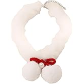 Christmas Fluffy Pom-pom Choker Necklace for Women Pet Dainty Bow Bowknot Faux Pearl Fur Collar Charms Chain Necklaces Adjustable Fashion Xmas Holiday Accessories Theme Party Jewelry Gift 16 inch