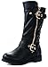 Kids Girls Mango21 Black Dual Buckle/Zipper Quilted Mid Calf Motorcycle Boots-3