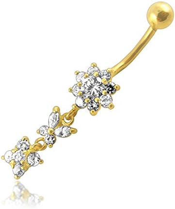 14K Solid Yellow Gold Flower and Butterfly with CZ Stone Dangling Belly Ring