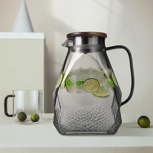 ecooe Glass Water Pitcher 1.8 Liter Glass Jug Fridge Door Glass Water Jug with Wooden Lid, Black Glass Jug for Cold/Hot Water, Juice, Milk, Coffee, Tea