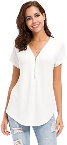 Womens Loose Fitting Zip Up Deep V Neck Short Sleeve Tops Tunic Casual T Shirts Blouse