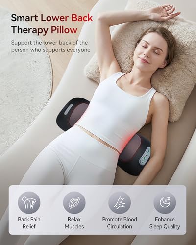 FliKEZE 4-in-1 Lumbar Support Pillow with Red Light Therapy, Lumbar Massager Cordless Rechargeable 5000mAh, Lower Back Massager w/Vibration, Traction & Heating for Pain Relief Deep Tissue, Black