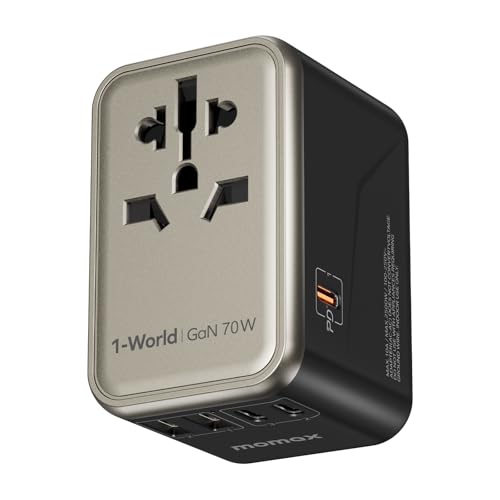 MOMAX Reisestecker Adapter Weltweit, 70W GaN Universal Travel Adapter mit 3 USB C und 2 USB A,6-in-1 Reiseadapter Weltweit für EU UK USA Japan (TYP A/
