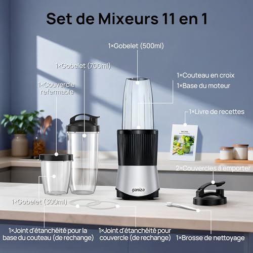 Ganiza Smoothie Maker 900W, Mini Blender with 25000rpm, 3 Tritan To-Go Bottles (300ml, 500ml & 700ml), 4 Asymmetrical Blenders, for All Types of Shakes and Smoothies, Silver/Black