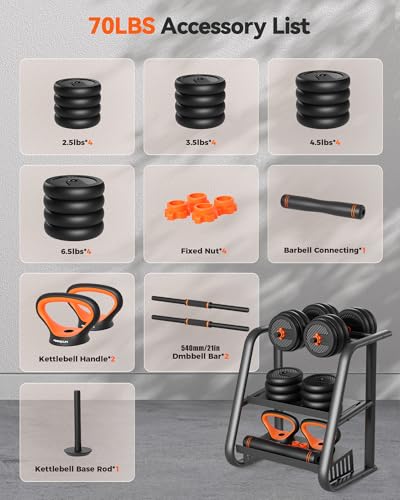FEIERDUN Adjustable Dumbbells, 20/30/40/50/70/90lbs Free Weight Set with Connector, 5 in1 Dumbbells Set Used as Barbell, Kettlebells, Push up Stand, Weight Plate, Fitness Exercises for Home Gym