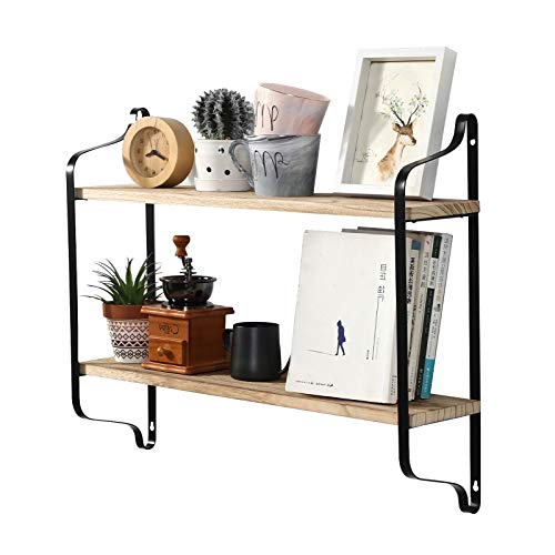Rustic Floating Shelves, 2 Tier Floating Shelves Decorative Wall Mounted Storage Shelves for Living, Dining Room, Office, Wood Wall Shelf with Metal Brackets, Floating Shelves for Wall