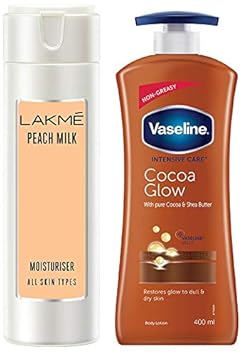 Lakme Peach Milk Moisturizer Body Lotion 200 ml & Vaseline Intensive Care Cocoa Glow Body Lotion, 400 ml