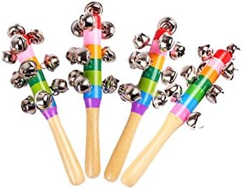 SARANUS 4 Pcs Vivid Color Rainbow Handle Wooden Bells Jingle Stick Shaker Rattle Baby Kids Children Musical Toys