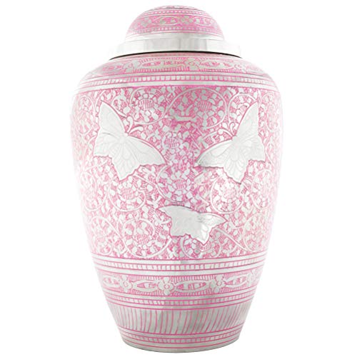 Cremation Urn for Human Ashes Adult - Brass Funeral Urn for Women - Metal Hand Engraved Silver Butterfly Large Urn for Adults - Display Burial At Home or in Niche at Columbarium ( Pink Butterflies - Thumbnail 2
