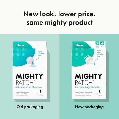 Mighty Patch Hero Cosmetics Micropoint Acne Pimple Patches, 8 Ct | For Early Stage Zits & Hidden Blemishes; Hydrocolloid with Salicylic Acid, Niacinamide, Cica; 395 Micropoints; Acne Stickers