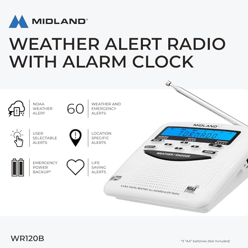 Midland - WR120B - NOAA Emergency Weather Alert Radio - Localized Programming, Trilingual Display, 60+ Emergency Alerts, Alarm, Selectable Alert Tone