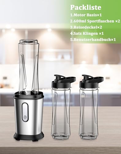 Mixer, 500 W Mini Stand Mixer & Smoothie Maker with 2 x 600 ml Bottles, BPA-Free Tritan, Portable Mixer Smoothie Maker Made of Stainless Steel, 4 Sheets for Shake, Smoothie, Silver and Black