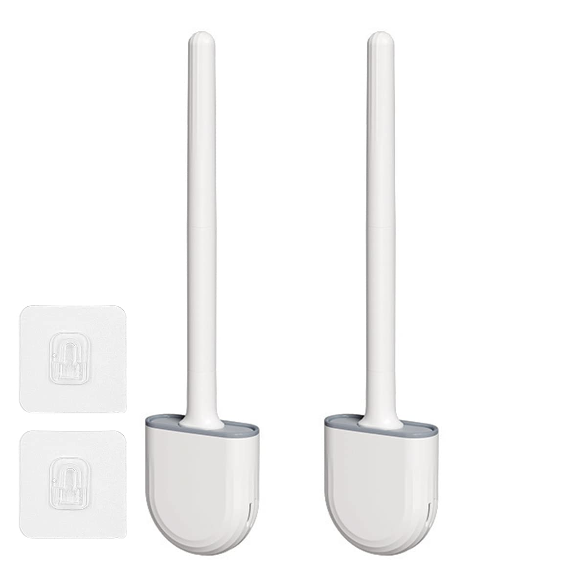 Hsthe Sea 2 Pack Silicone Toilet Brush With Holder No-Slip Long Plastic Handle and Soft Flexible Bristles Wall Mounted Toilet Brushes with holders and Base for Anti-drip (White)