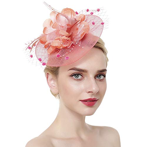 Womens Fascinator Hats Headband Pillbox Hat Bowler Veil Mesh Ribbons Headwear Wedding Party Hat for Women Lady Girls (Style 3-Salmon Pink)