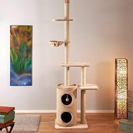 Bontoy Kratzbaum Filou in Creme. Deckenhoch von 240 – 260 cm. Viel Platz zum Kratzen, Spielen und Toben.