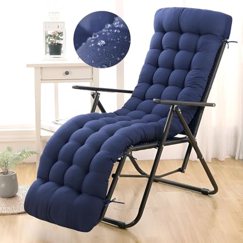 widesmile Sun Lounger Cushion Waterproof 180 x 55 x 10 cm Thickened Garden Recliner Chair Cushion with Ties & Non-Slip Back, Indoor Outdoor Soft Sunlounger Cushions Cotton Inner (Blue)