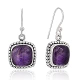 925 Sterling Silver Natural Gemstone Dotted Edge Vintage Design Square Dangle Hook Earrings 1.2