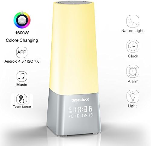 three sheep Wake Up Light Alarm Clock, Preset 6 Magic Alpha Wave Soothing Sleeping Sound, via APP 1600M Dimmable Color Changing, Bedside Lamp, Digital Timer, Stereo Player (Silver)