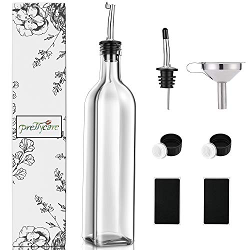 PrettyCare Olive Oil and Vinegar Dispenser Bottles 17oz (Extra Lids, Labels and Funnel) 500ml Drip-Free Bottle with Stainless Steel Spout, Flip Top Pourer Set (Clear)