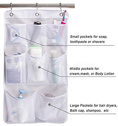 HuiDao Bath Hanging Caddy Shower Hanging Organizer 8 Quick Dry Mesh Pockets Storage Bag with 3 Ring Hooks for Hanging On Bathroom Curtain Rod, 27.5x15.7 Inch (White)