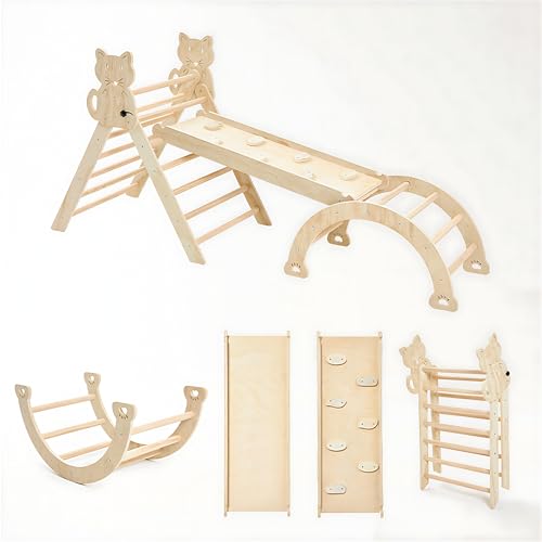 AM ANNA Pikler Triangle Set for Toddlers Climbing Toys Indoor, 7 in 1 Toddler Climbing Toys Indoor, Montessori Foldable Climbing Set, Wooden Climbing Toys for Toddlers 1-3 (Wood)