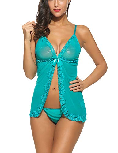 Avidlove Women Lingerie Lace Babydoll V Neck Chemise Sleepwear Sets Blue