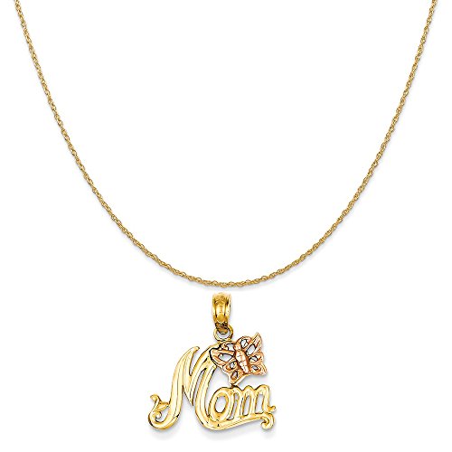 14k Yellow Gold Two-Tone Mom with Butterfly Pendant on 14K Yellow Gold Rope Chain Necklace, 20