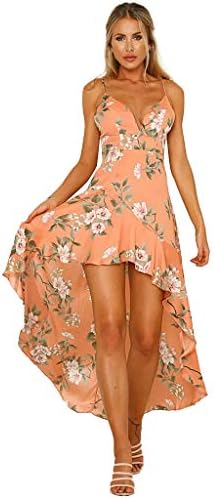 Ximandi Women's Floral Print Deep V Neck Sleeveless Backless Ruffle Maxi Dress