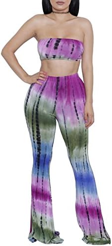 LAKAYA Womens 2 Piece Outfits Tie Dye Print Bandeau Top Flared Bell Bottom Yoga Pants