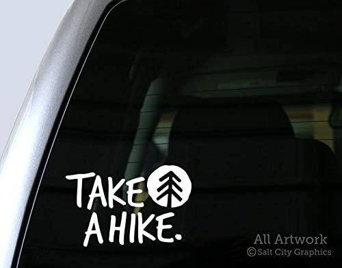 Salt City GraphicsTake A Hike Decal - Get into Nature, Get Outdoors, Pine Tree Sticker - Car Decal, Bumper Sticker (5 inches Wide, White)