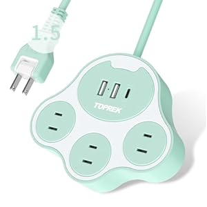 TOPREK 猫の足型 電源タップ グリーン USB コンセント 延長コード 1.5M 3個AC口 2個USB-Aポート 1個USB-Cポート