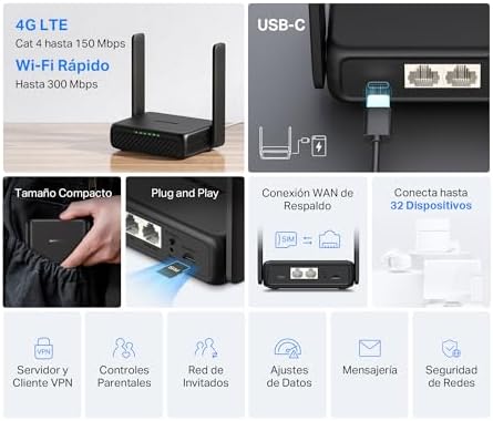 MB113-4G - Router Portátil 4G LTE, Wi-Fi N-300 até 32 dispositivos, Nano SIM Plug & Play, Powerbank USB-C e VPN