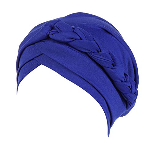 Dressin Muslim Caps Women's Elegant Stretch Flower Solid Color Turban Chemo Cancer Cap Hat Headwear Blue - Thumbnail 2