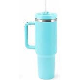Insulated Stainless Steel Turquoise Travel Tumbler with Handle & Straw, 40oz Vacuum-Insulated Mug, Leak-Resistant, Reusable Coffee & Water Cup