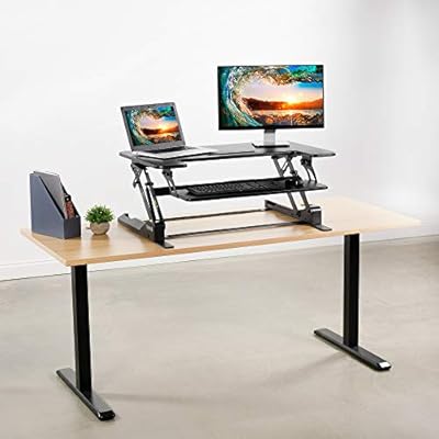 Amazon Com Vivo Height Adjustable Standing Desk Sit To Stand Gas Spring Riser Converter 36 Tabletop Workstation Fits Dual Monitor Desk V000b Office Products