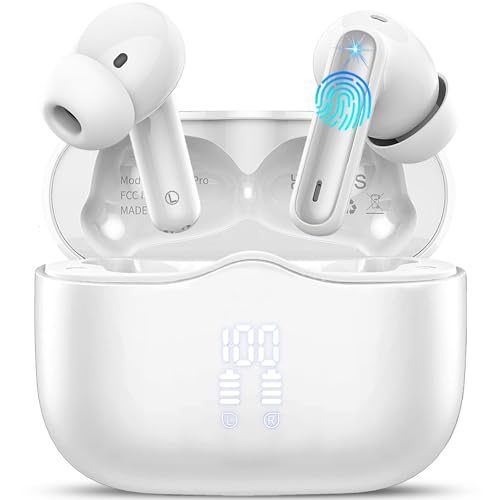 Wireless Earbuds, 2026 Bluetooth 5.4 Headphones in Ear with 4 ENC Noise Cancelling Mic, Wireless Earphones with HiFi Stereo, 40H Playtime, LED Display, Bluetooth Earbuds IP7 Waterproof, USB-C, White