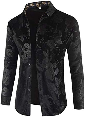 OTW Mens Slim Fit Lapel Long Sleeve Casual Velvet Print Button Up Dress Work Shirt