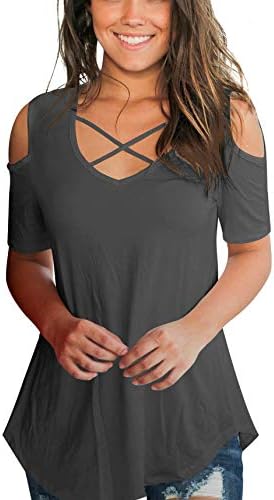 Aolakeke Cold Shoulder Short/Long Sleeve T Shirts V Neck Tops Casual Criss Cross Tunic Blouse
