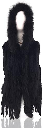 Uilor Women Knitted Rabbit Fur Vest with Raccoon Fur Collar Hooded