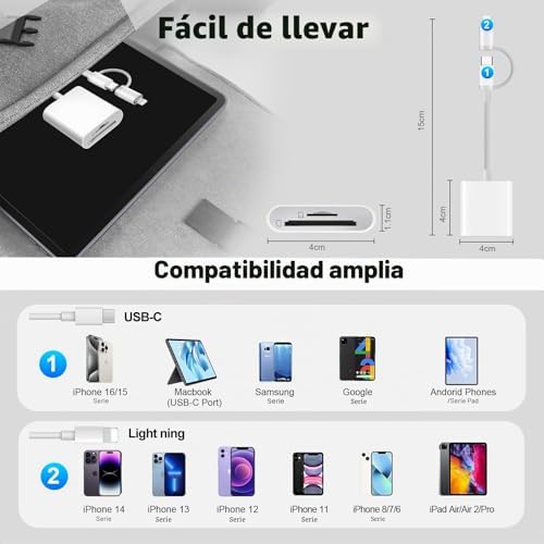 [Certificado Apple MFi] Lector Tarjetas SD para Phone Pad, Lightning USB C Adaptador de Tarjeta de Memoria para MicroSD/SD, SD Card Reader para iPhone16 15/iPad/Macbook/Teléfonos Android/Cámara — foto 6 de 7