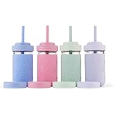 Elk and Friends Kids + Toddler Glass Cups | The Original 12oz Glass Mason Jar with Sleeves + Lids | Silicone Straws + Stopper | Smoothie Cup | Food Storage | Blush/Sage/MistyBlue/Lilac | 4 Pack