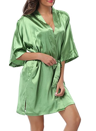 FADSHOW Women's Pure Color Kimono Robes Short Wedding Robes for Bridal Party,Apple Green,Medium
