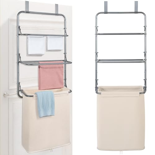 Photo 1 of STORAGE MANIAC Over The Door Laundry Hamper with Towel Rack, Hanging Laundry Bag with Drying Rack, Heavy-duty Laundry Basket with Storage Rack, Portable Clothes Hamper For Bathroom, Closet, RV, Beige