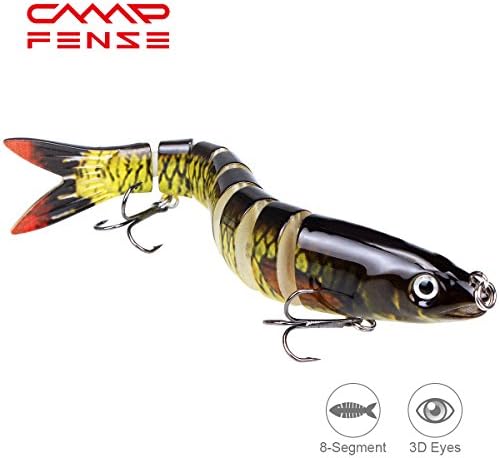 CampFENSE Fishing Lure Bait, 8-segment, 3D Eyes, Extra-Large, Tackle 6# High Carbon Steel Anchor Hook 4 Color Options 5.23Inch/0.67Oz (D)